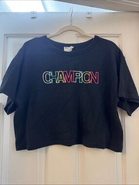 Champion Black Cropped Tee with Multicolor Outlined Logo